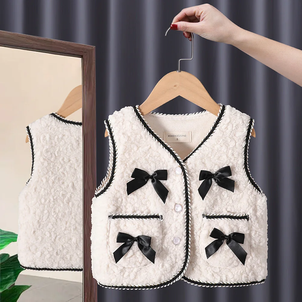 2024 Autumn Winter Korean Baby Girls Waistcoat Ruffle Lace Pocket Cotton Padded Kids Girls Vest Plus Thick Children Girls Coat