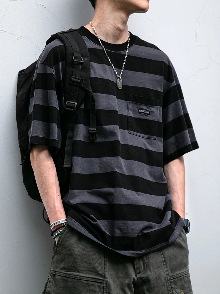 American Vintage Striped T-Shirt For Men 100% Cotton Oversized Loose Fit Tops Summer Streetwear Casual Short Sleeve Retro Tee