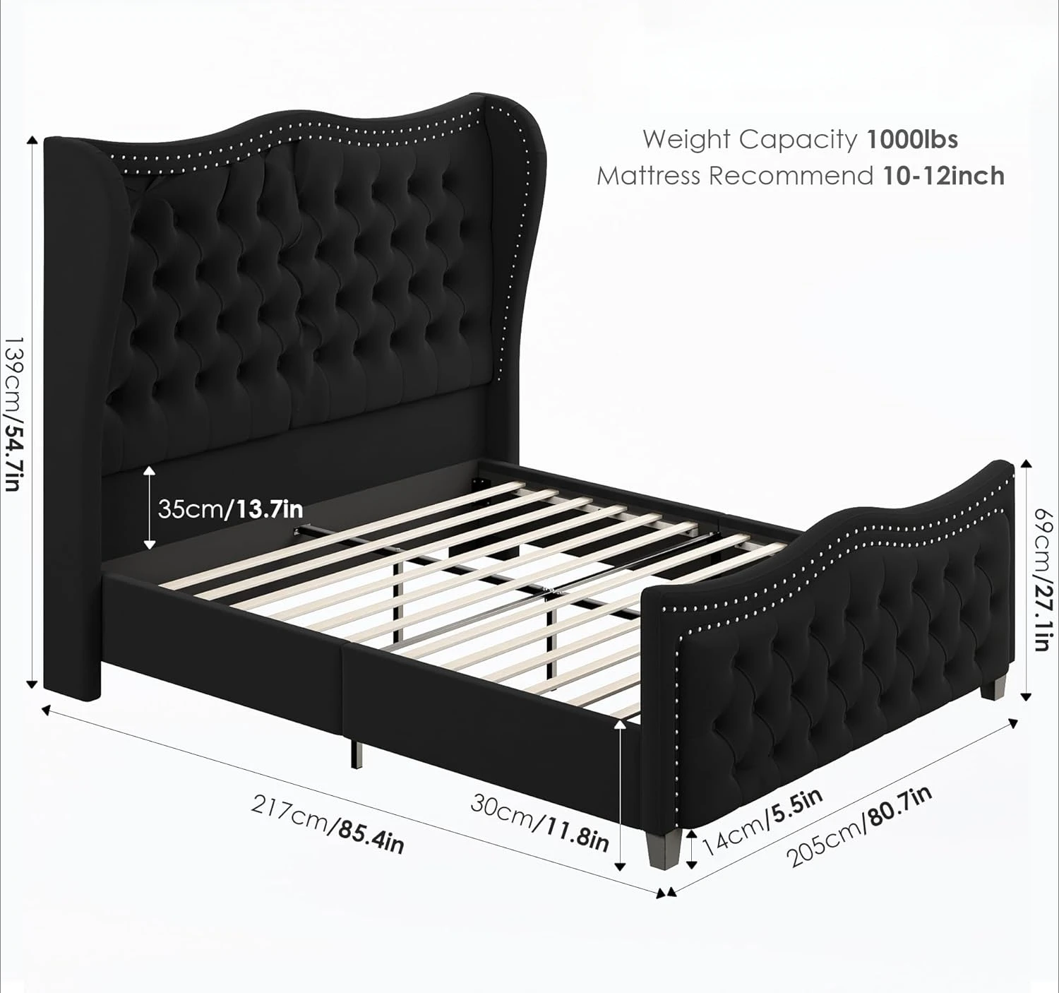 Velvet Handmade Pleats Deep Button Tufted Wingback Platform Bed, No Box Spring Required/Wood Slat Support/Black