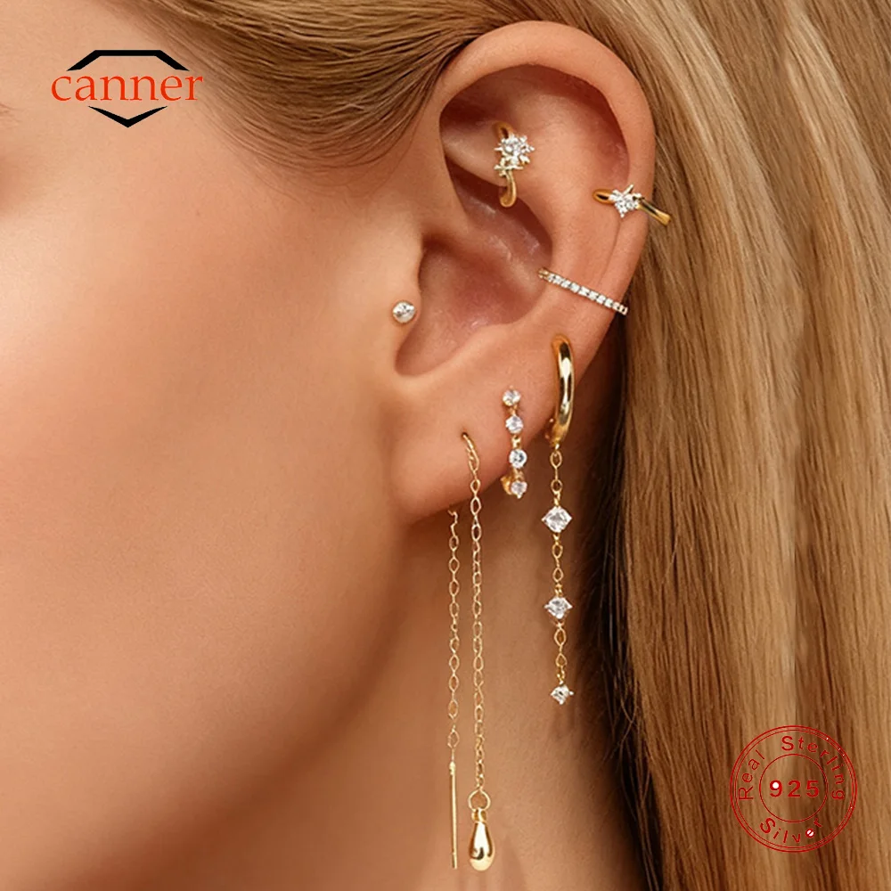 

CANNER 1PC 925 Sterling Silver Long Tassel Octagonal Star Flat Head Stud Earring For Women Piercing Earrings aretes para mujer