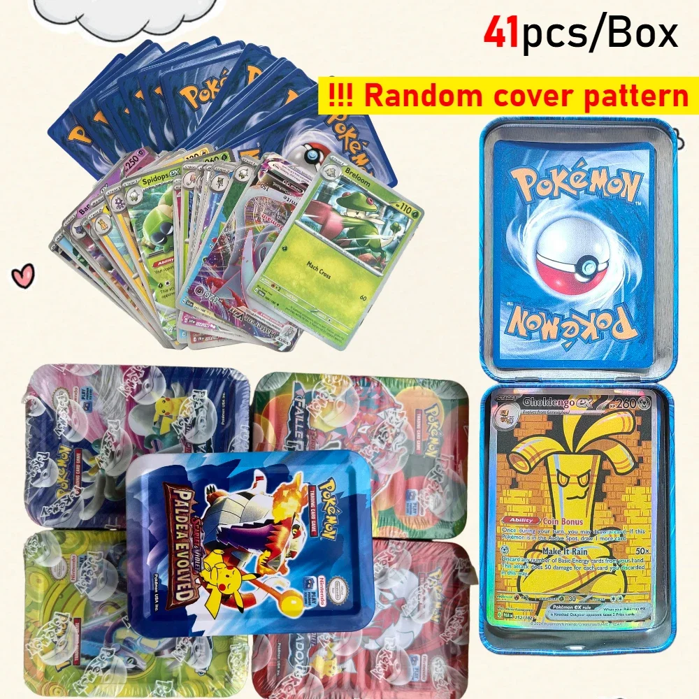 Pokemon 41/42/48/118 Uds. Caja de Metal de hierro en caja, juguete de batalla, caja de Pokemons de origen perdido con juego de Pikachu, tarjetas bancarias de Anime para niños