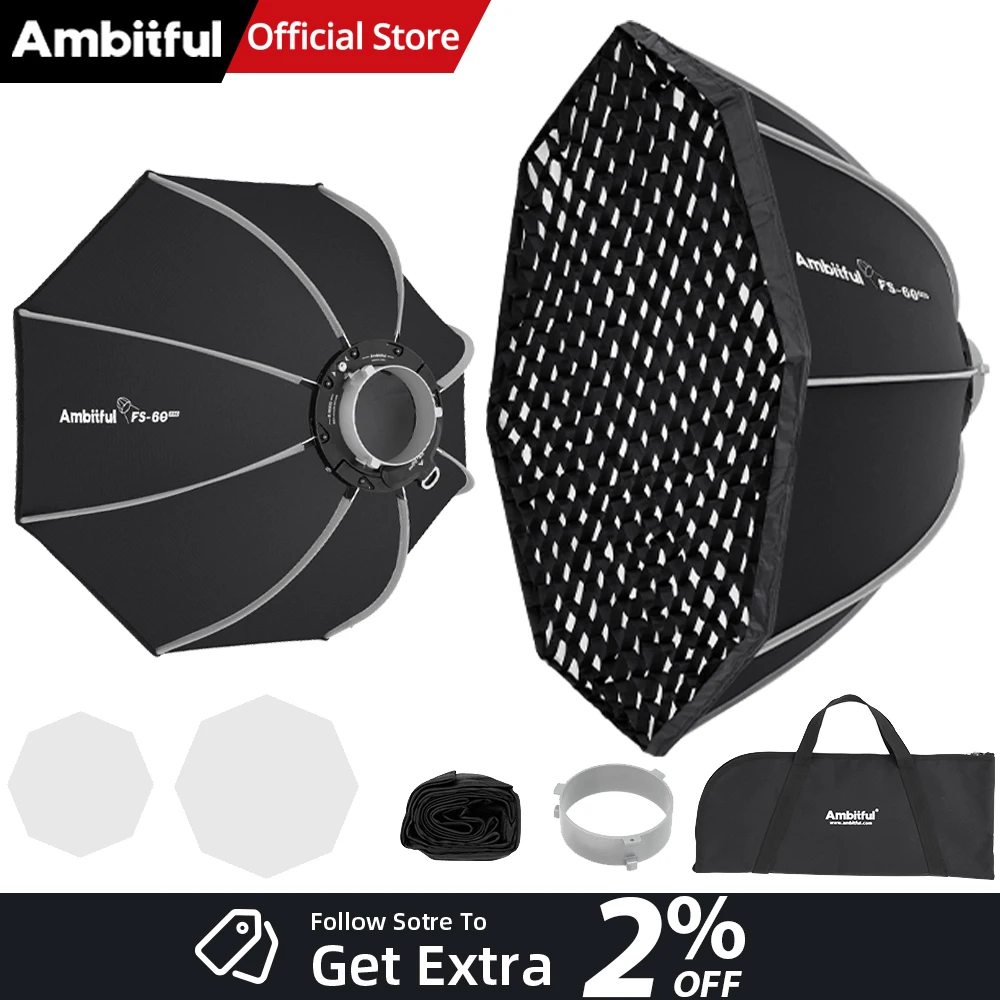 

Световой бокс AMBITFUL FS60PROII с быстрой установкой и креплением Bowens для светодиодных видеосветильников Godox, Aputure, Sokani, NANLITE и студийных LED-ламп.