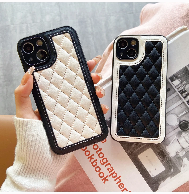 Black and White Leather Protective Phone Case, Fashionable Rhombic Grid Pattern, iPhone 16，15, 14 Plus,13, 12,11 Pro Max, Luxury