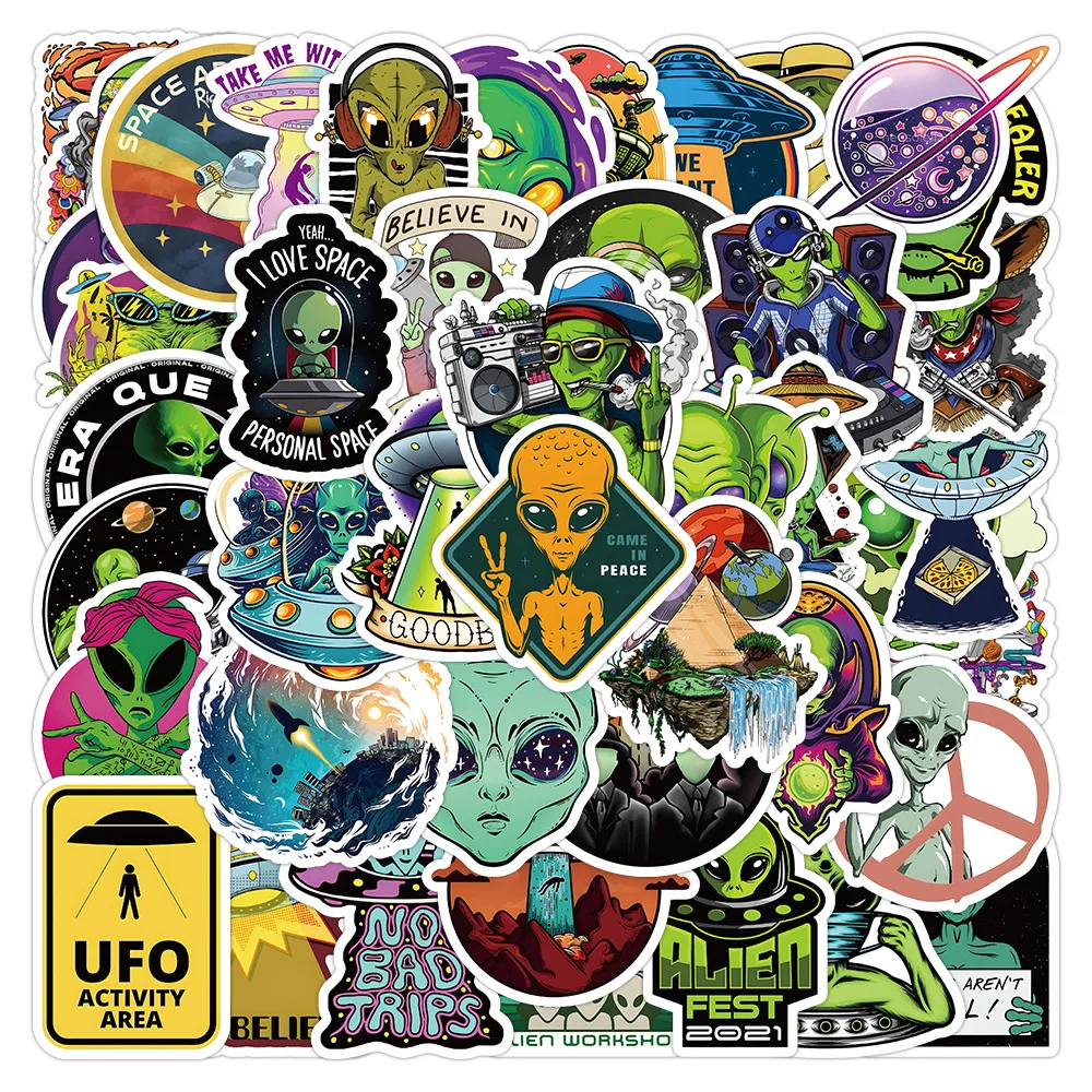 10/30/50pcs Ufo Cartoon Graffiti Sticker Alien Decoration Luggage Phone Laptop Helmet Waterproof Kids Toys Decorative Stickers