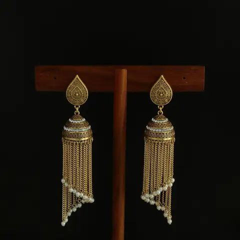 KEQIU Retro women's earrings with a mid-style zirconium birdcage, long tassel pearl pendant and water drop pattern