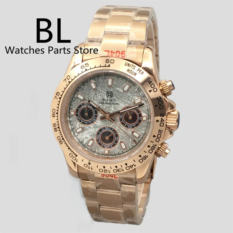 BLIGER Luxury Meteorite Dial VK63 Quartz Watch For Men 39mm Rose Gold Case Stainless Steel Sapphire Glass Sports Chronograph