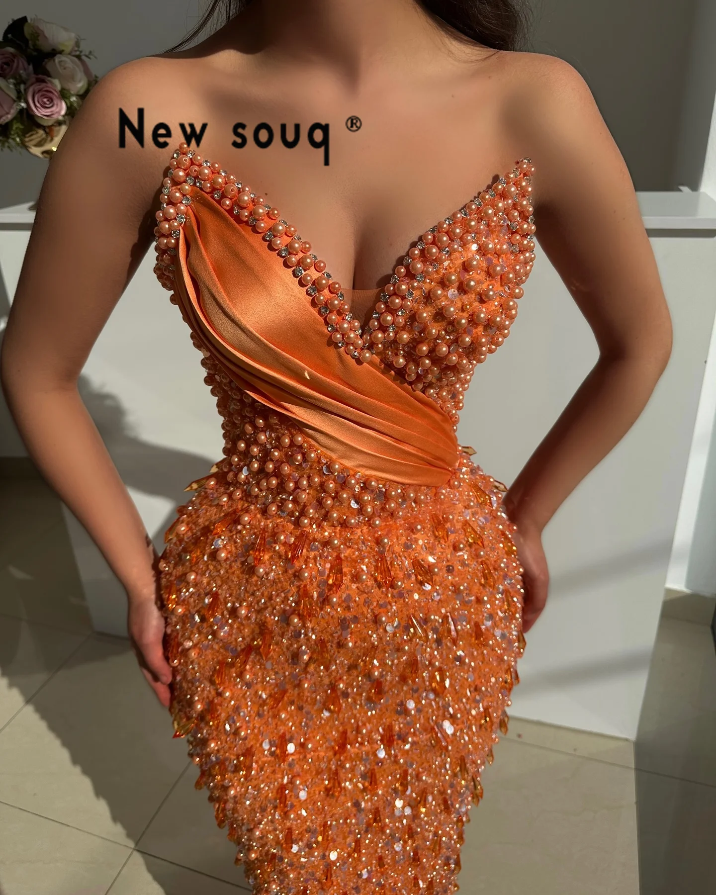2025 Customized Orange Mermaid Prom Dresses Sweetheart Crystals Pearl Evening Gowns Birthday Engagement Dress Long Party Dresses