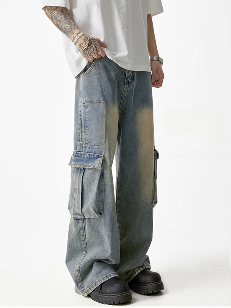 

American Sle Haome Workwear Jeans Men's Autumn Trendy Loose Straight Leg Design Big ket Wide Leg Floor-Length Pants