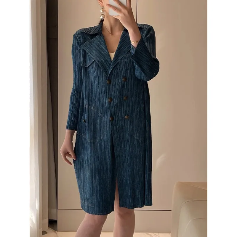 

Miyake Pleated Trench Coat Women Lapel Full Sleeve Double Breasted Medium Long New 2024 Spring Outwear Vintage Style