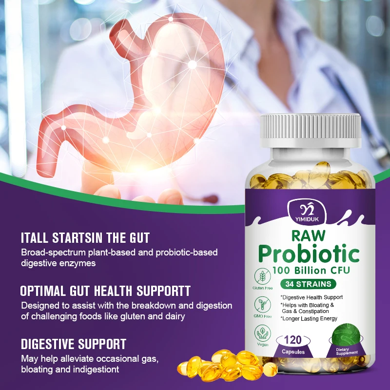 Raw Probiotic Capsule 100 Billion CFU  Digestive Enzyme Helps Stomach Digestion and Immune System Accelerate Metabolism