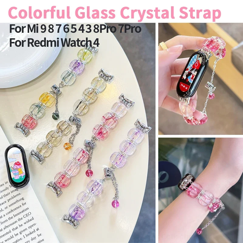 

Colorful Glass Crystal Strap for Xiaomi Mi Band 8 Pro 7Pro Fashion Jewelry Transparent Bracelet for MiBand 9 8 7 6 5 Accessories