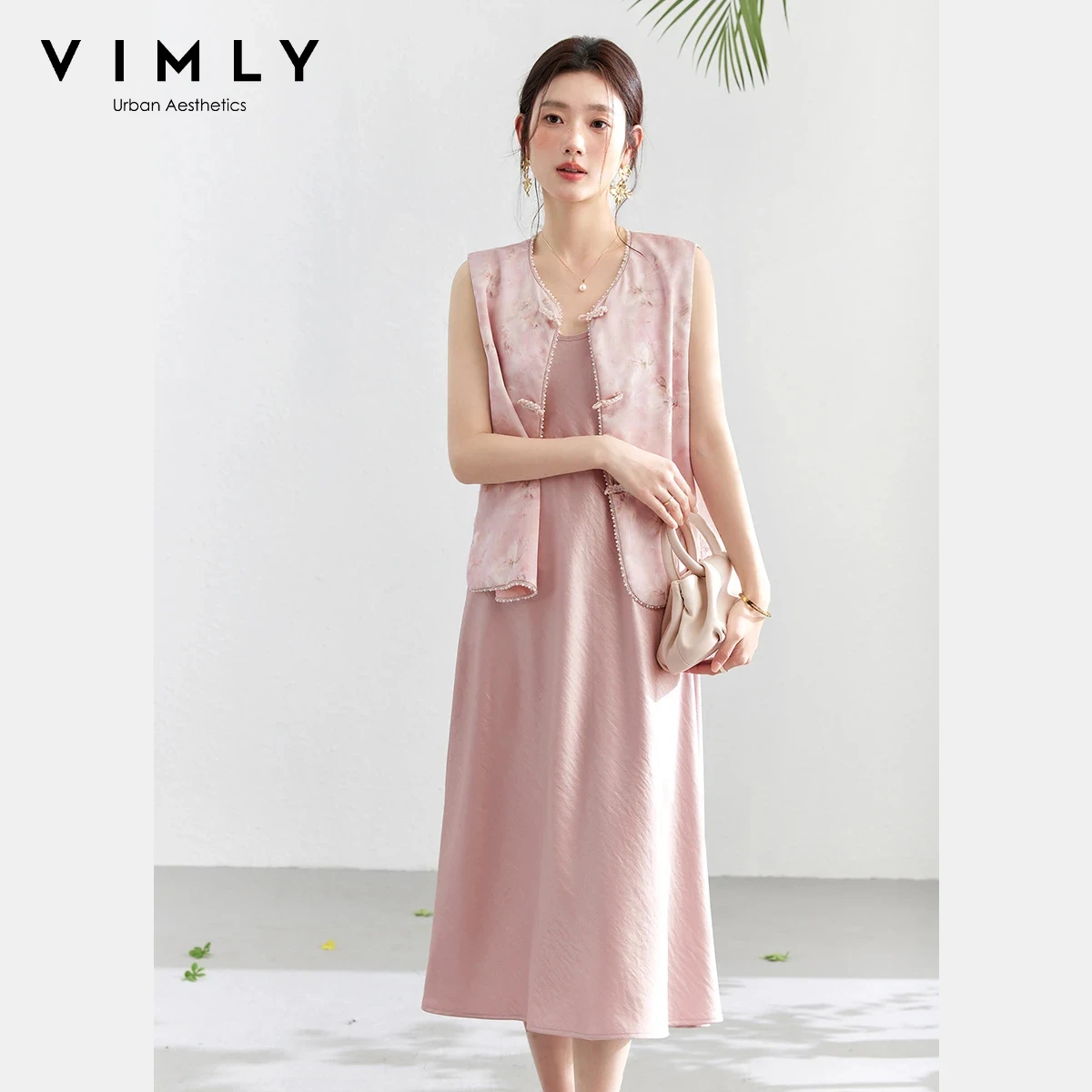 

VIMLY Women's Chinese Style Outfit 2026 Summer New Pink Lace Trim Frog Button Jacquard Vest Satin Slip Dress Two-Piece 30812