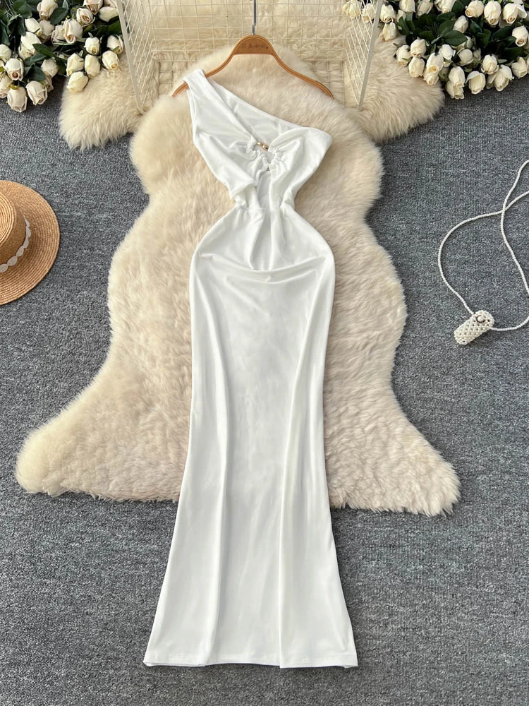 กระโปรงทรงเอเอวสูงผ้าเนลีนสีขาวแบบผูกไหล่ ดีไซน์เกาหลี สำหรับผู้หญิง ใส่ทำงานได้ ใส่สบายช่วงฤดูร้อน