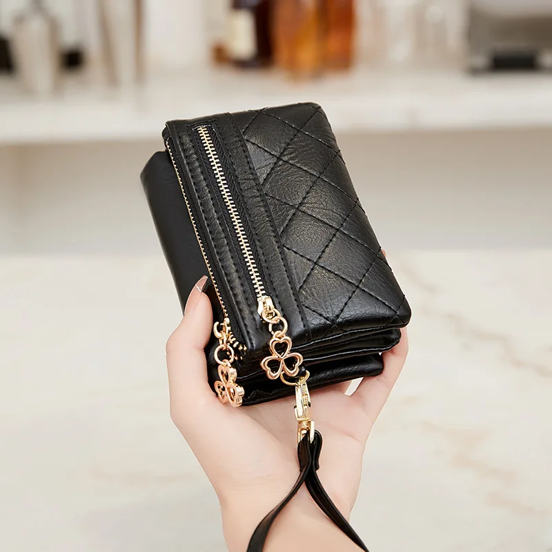 

Multifunction Short Purse Fold Women Wallets Soft Leather Double Zipper Wallet With Wrist strap Ladies Carteira Feminina