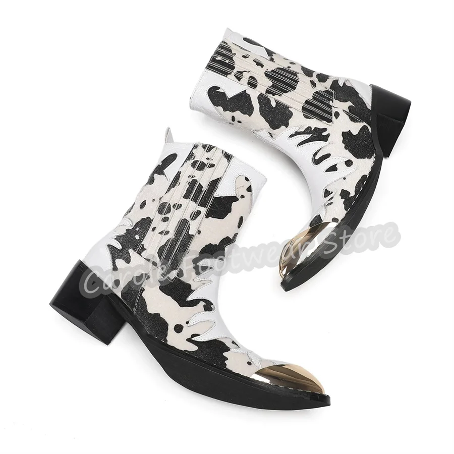 Fashion Men's Leopard Pattern Western Boots Metal Pointed Toe Chunky Heel Chelsea Boots Side Zipper Punk Streetwear Casual Shoes