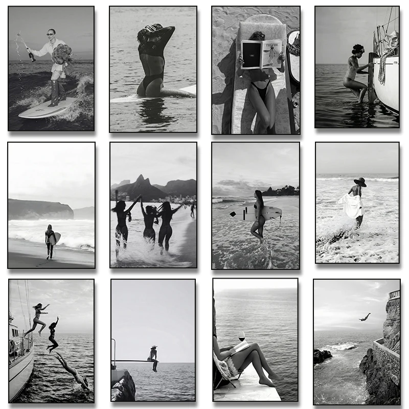 Vintage Summer Vibe Women Jumping Off Boat Poster Black and White Surf Beach Ocean Photography Canvas Painting Print Home Decor