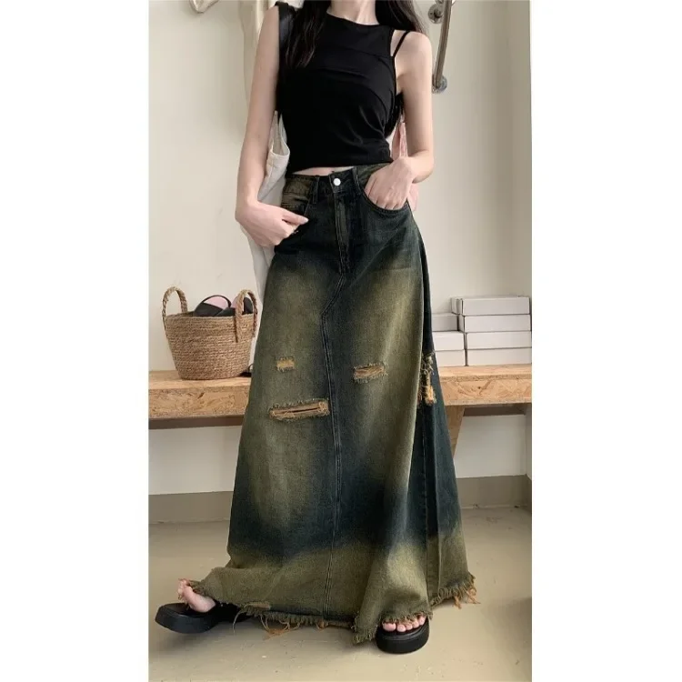 Vintage Hole Raw Edge Denim Skirt for Women 2024 Autumn New High Waist Skirts Y2k E-Girl Mid-length A-line Faldas Mujer