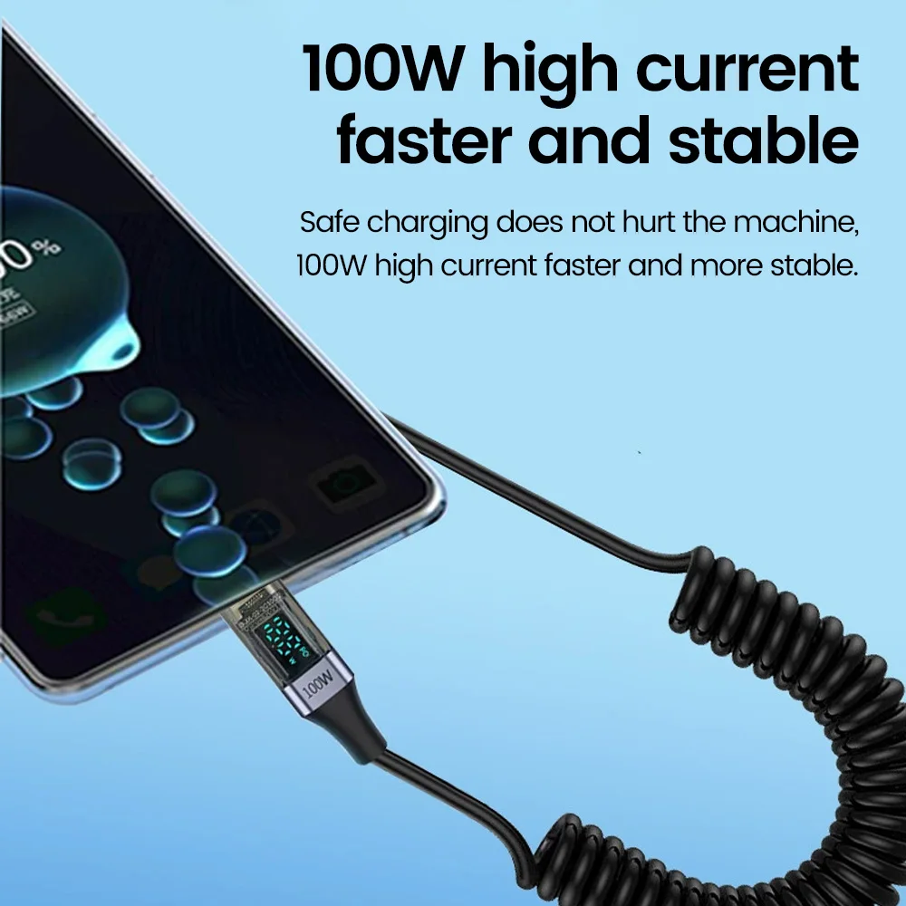 2-in-1 100W Spring Data Cable 1.8M Telescopic USB Type C Fast Charging Cable for iphone 15 Samsung Huawei Stretchable Cable