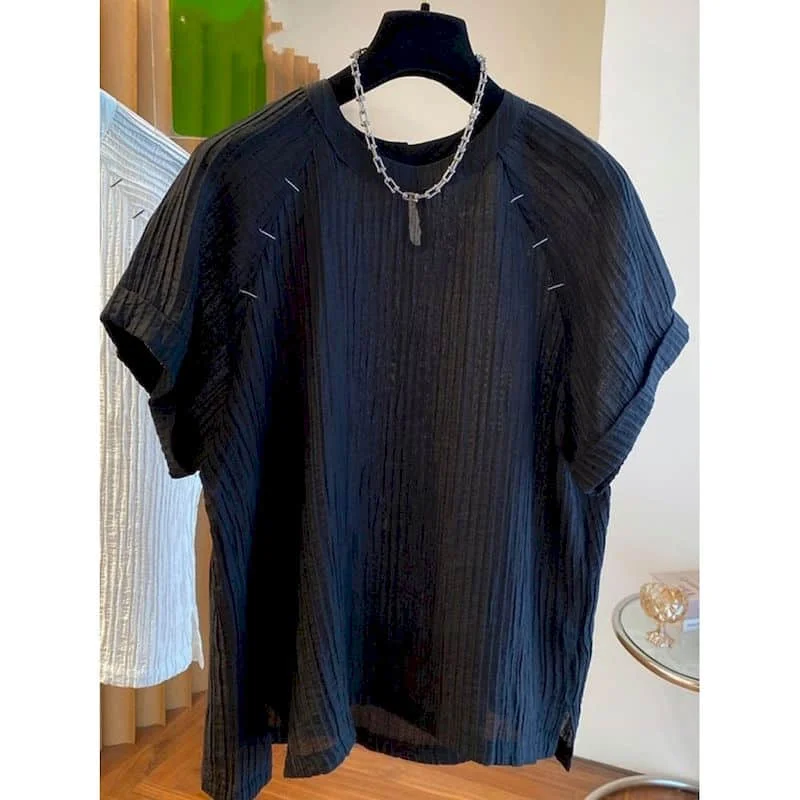 

T-shirts for Women O-neck Pleated Design Aesthetic Tops Vintage Casual American Style Short Sleeve 2026 Summer Women Clothes