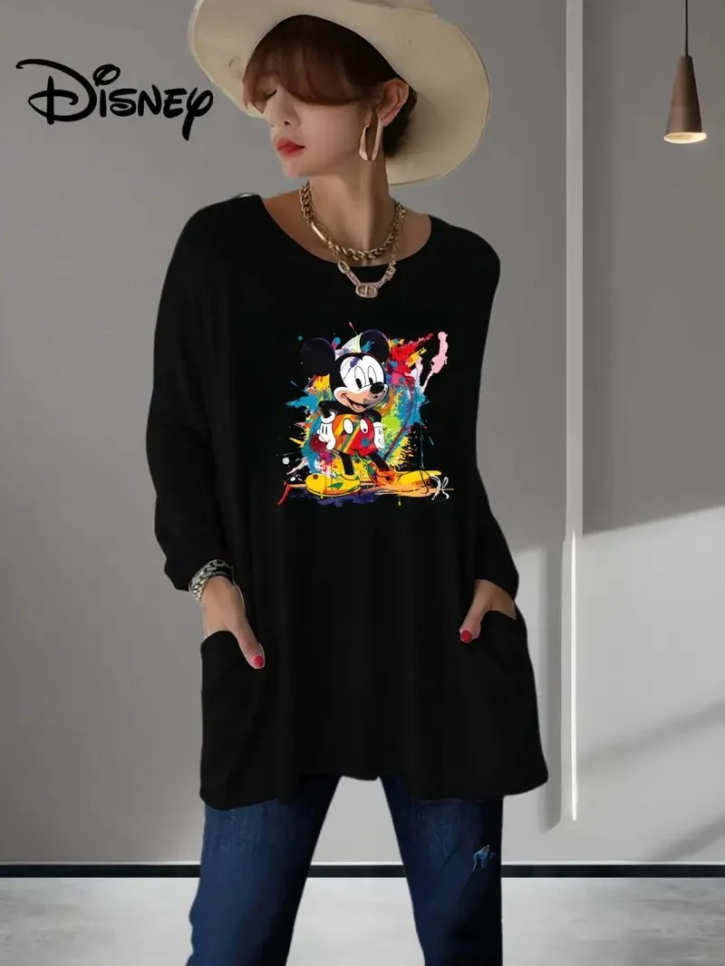 حجم كبير المرأة ديزني غرزة طباعة موضة الخامس الرقبة طويلة الأكمام تي شيرت السيدات عادية بسيطة تي شيرت 2026 #1