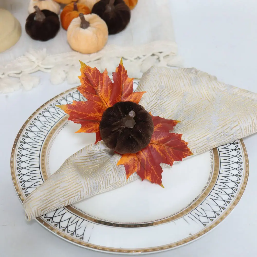 Artistic Velvet Pumpkin Napkin Buckles Maple Leaf Table Setting For Thanksgiving Harvest Party Hotel Home Dining Decor