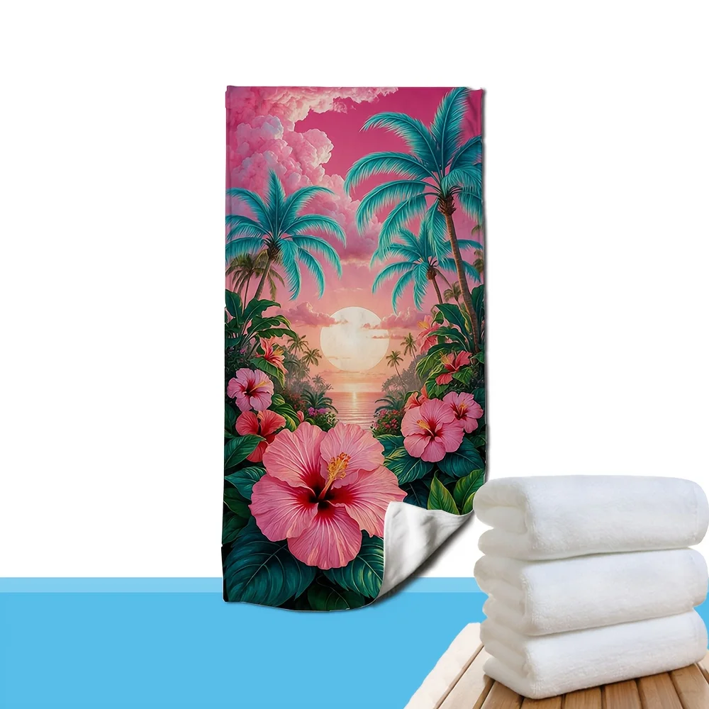 A Tropical Hawaiian Beach Towel - Quick-Drying Large Bath Towel with a Pink Hibiscus Flower And Palm Tree Design