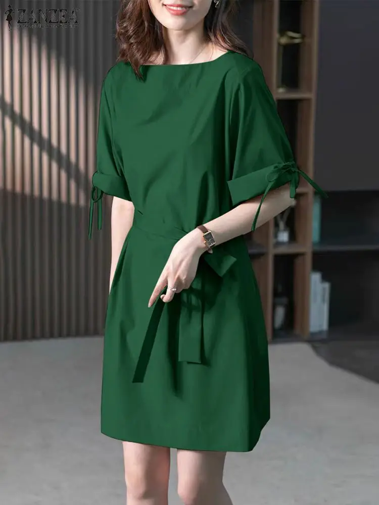 

ZANZEA 2024 Summer Wrapped Cuff Robes O-neck Women Solid Belted Dresses Casual Loose Bandage Vestidos Fashion Short Sleeve Robe