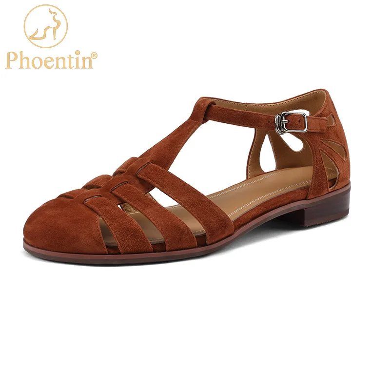 Phoentin Summer Gladiator Sandals Retro Hollow low heel Shoes Women Genuine Leather T-Strap Casual pumps Handmade Brown FT1906