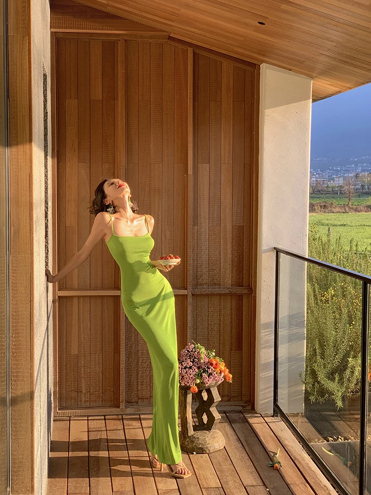 

Island Store Holiday een Fruit Design Long Strapl Dr with Belt Sexy Knitted Polyester Spring Summer Autumn Women's Dr