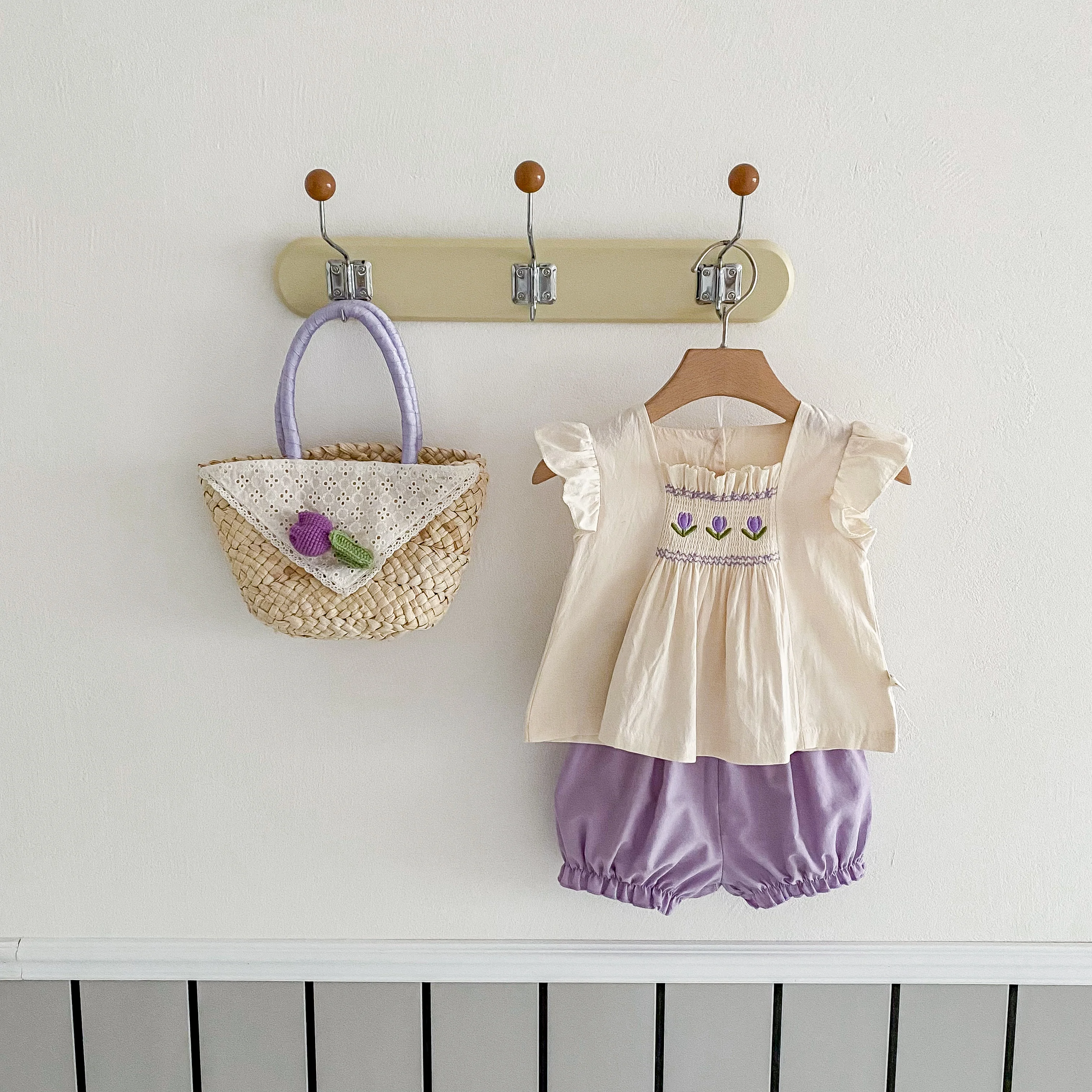 Spring Baby Girls Suit  Korean  Purple Flower Embroidered  Sleeveless Top + Purple Shorts 2pcs Baby Clothes 0-3 Years Old