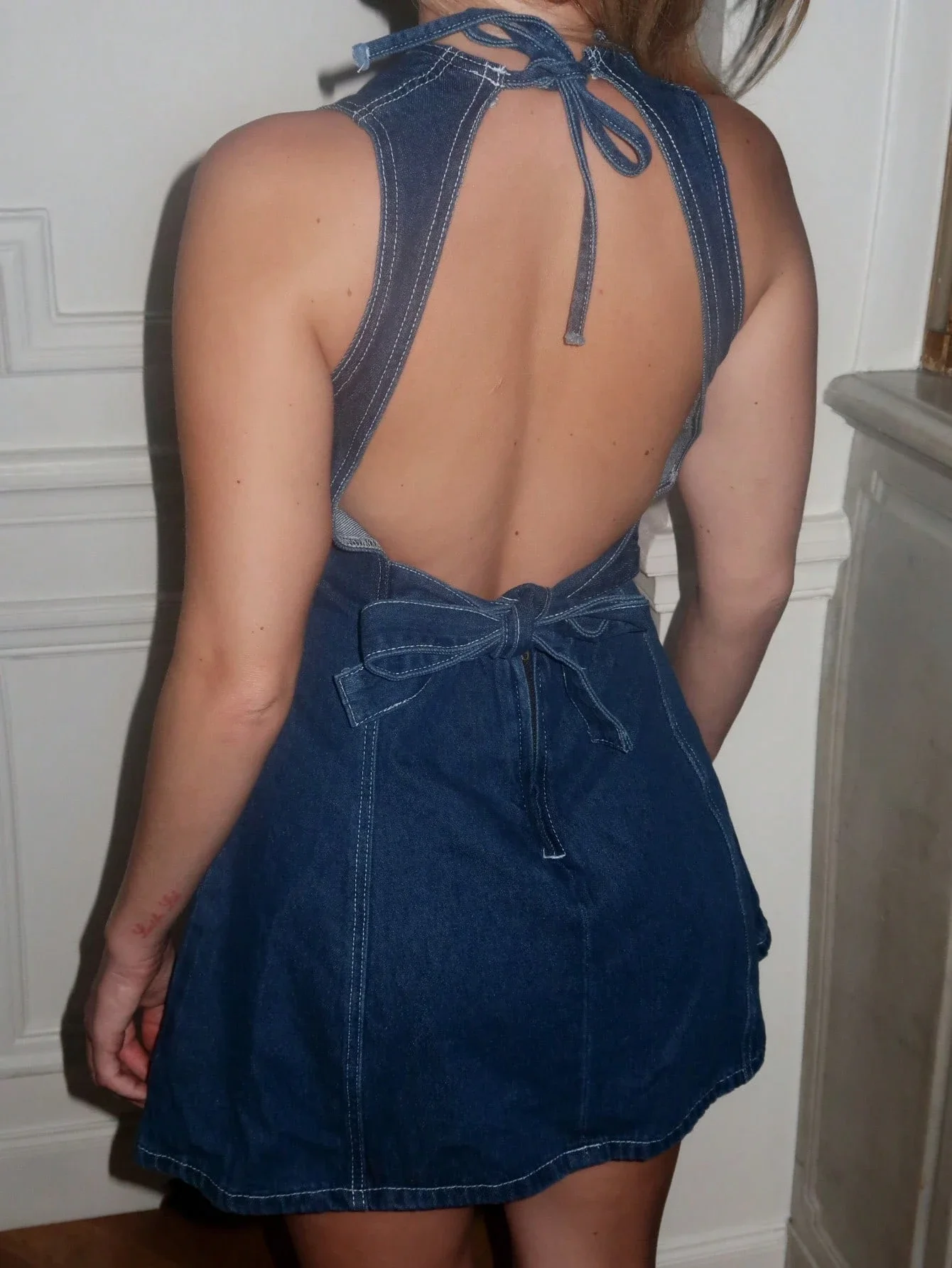 

Women's Backless Mini Denim Dress Sleeveless Halter Neck Casual A-Line