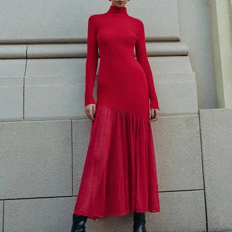 الخريف عادية كم حفلة الشتاء المرأة أنيقة شبكة الربط ماكسي موضة نصف عالية طوق محبوك فستان طويل #1