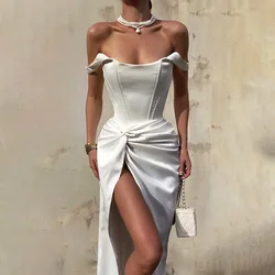 White Pleated Bandeau Long Dress Women's Solid Sleeveless Fashion Slim Dress Sexy See-through Party Evening Gown Robe
