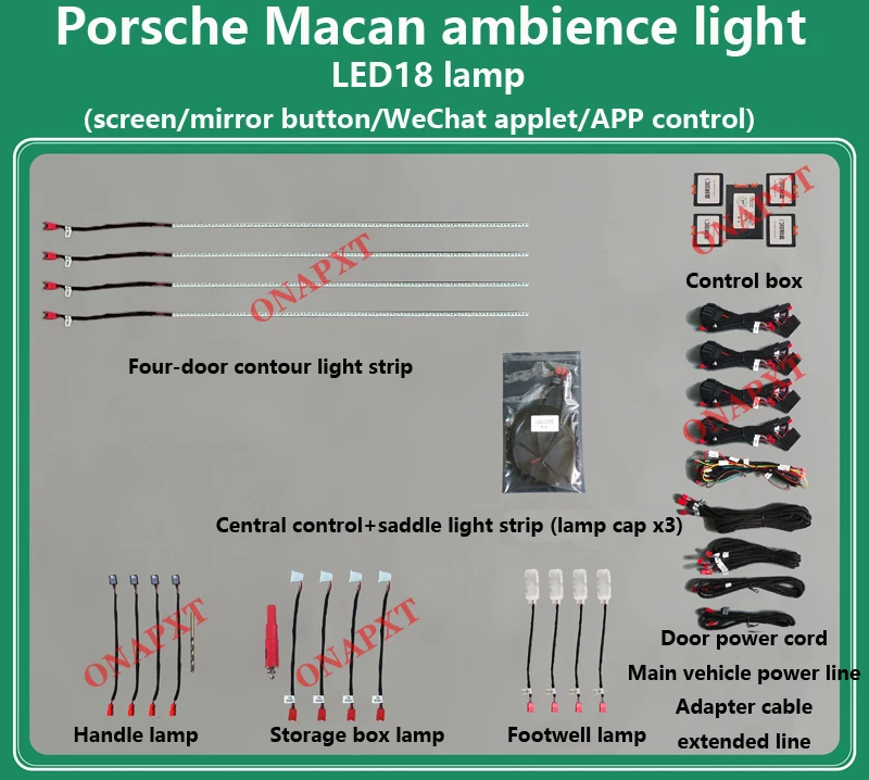 

Decorative Atmosphere Lamp LED For Porsche Macan 2014-2021 Car illuminated Door Panel Dashboard Ambient Light 64-color