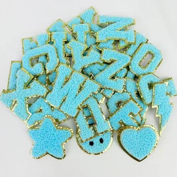 Teal Letters Sticker Patch Alphabet Towel Embroidered Chenille Patches for Clothing Bags Jacket Stick on Accessories Applique