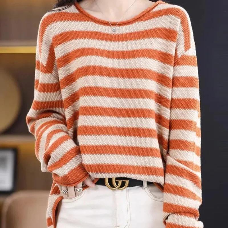 Korean Fashion Autumn/Winter New Pullovers Sweaters Women\'s O-Neck Striped Contrast Color Casual Loose Long Sleeve Knitted Tops