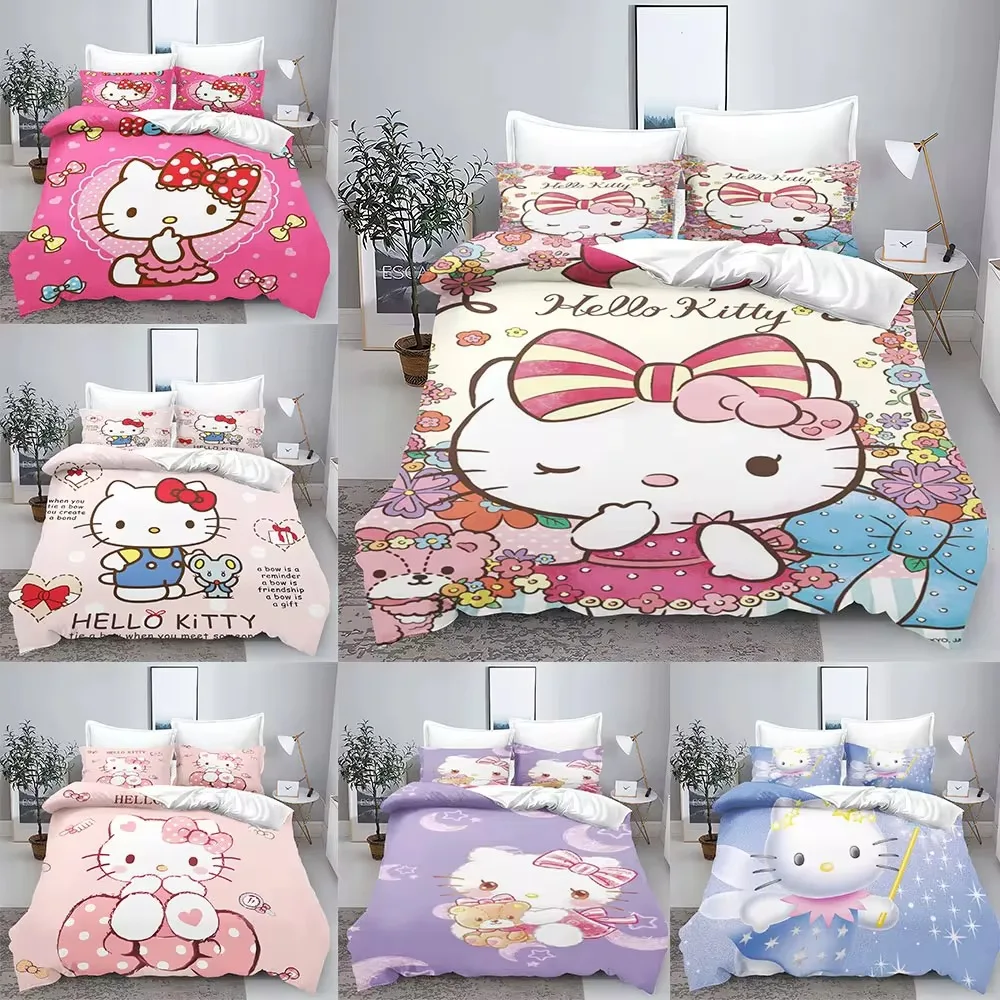 Sanrio Hello Kitty Bedding Sets Cute Comforter Cover Bed Cover Duvet Cover Pillow Case 2-3 Pieces Sets Kids Adult Size