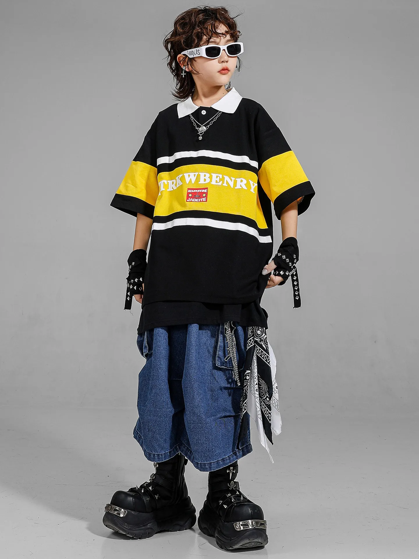 키즈 팀 의류 힙합 의류 소년 스트리트 댄스 재즈 댄스 의상 티셔츠 반바지 정장 무대 복장 Catwalk Wear DQL10970