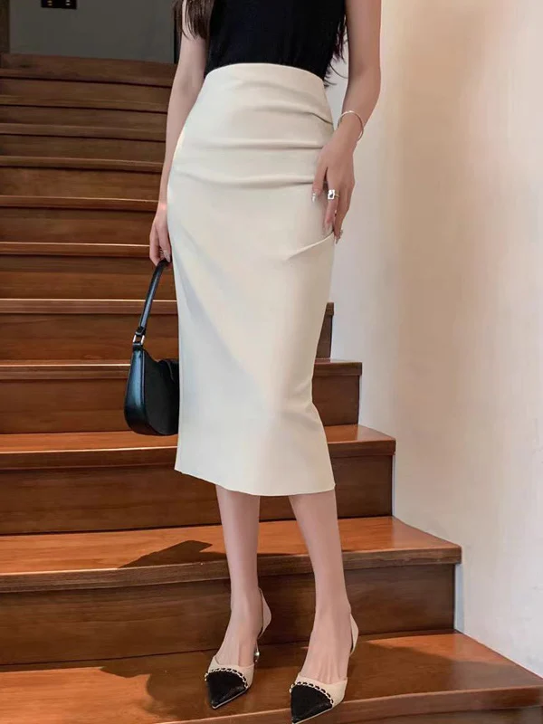 

Busin женская плиссированная юбка-миди с высокой талией, утягивающая юбка трапециевидной формы, новая летняя одношаговая юбка с открытым разрезом