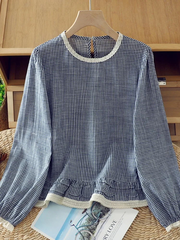 

Artistic Blue Plaid Long Sve Pure Cotton Women's Spring irt Age Reduction Lace Belly Cover Slim round Ne Overhead Top