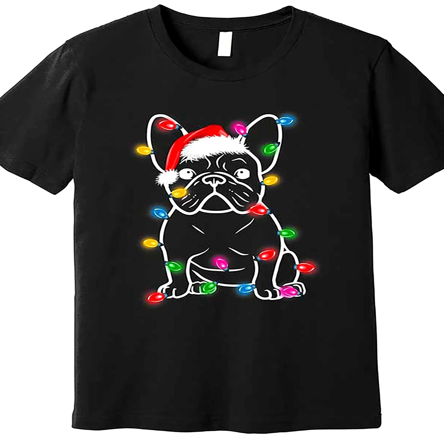 Christmas Lights Dog French Bulldog Premium T-Shirt 562010 Funny Men's Short Sleeve Graphic T-shirt Collection Black TT2, Loose Fit Casual Short Sleeve, Machine Washable, All-Season Comfort, T S gift for men, everyday wear tee