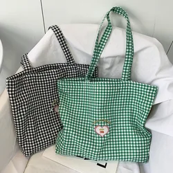 Casual Canvas Bags Handbag for Women Korean Style Summer Shopper Bag Plaid Large Capacity Tote Bag with Zipper Design