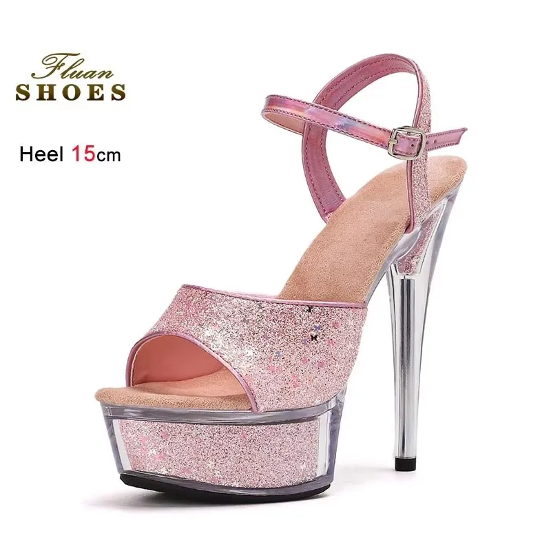 

New 15cm Heeled Platform Sandals Bling Shiny Sequins Women's Thin High Heels Open Toe Ankle Buckle Strap Sandals Tacones Mujer