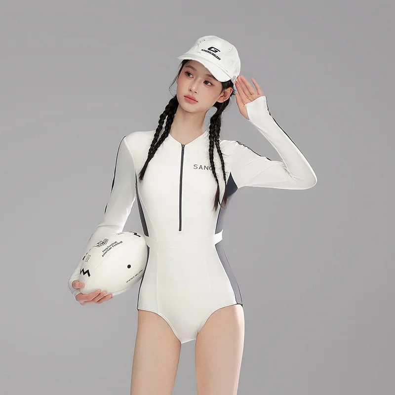 Women One Piece Professional Quick-Dry Sports Paded Beach SwimSuit Female Long Sleeve WaterProof Push Up Surf Athletic SwimWear