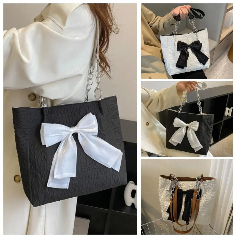 

Fashion Korean Style Bowknot Tote Bag Nylon Casual Single Shoulder Bag Solid Color Large Capacity Bucket Shopping Bag Travel