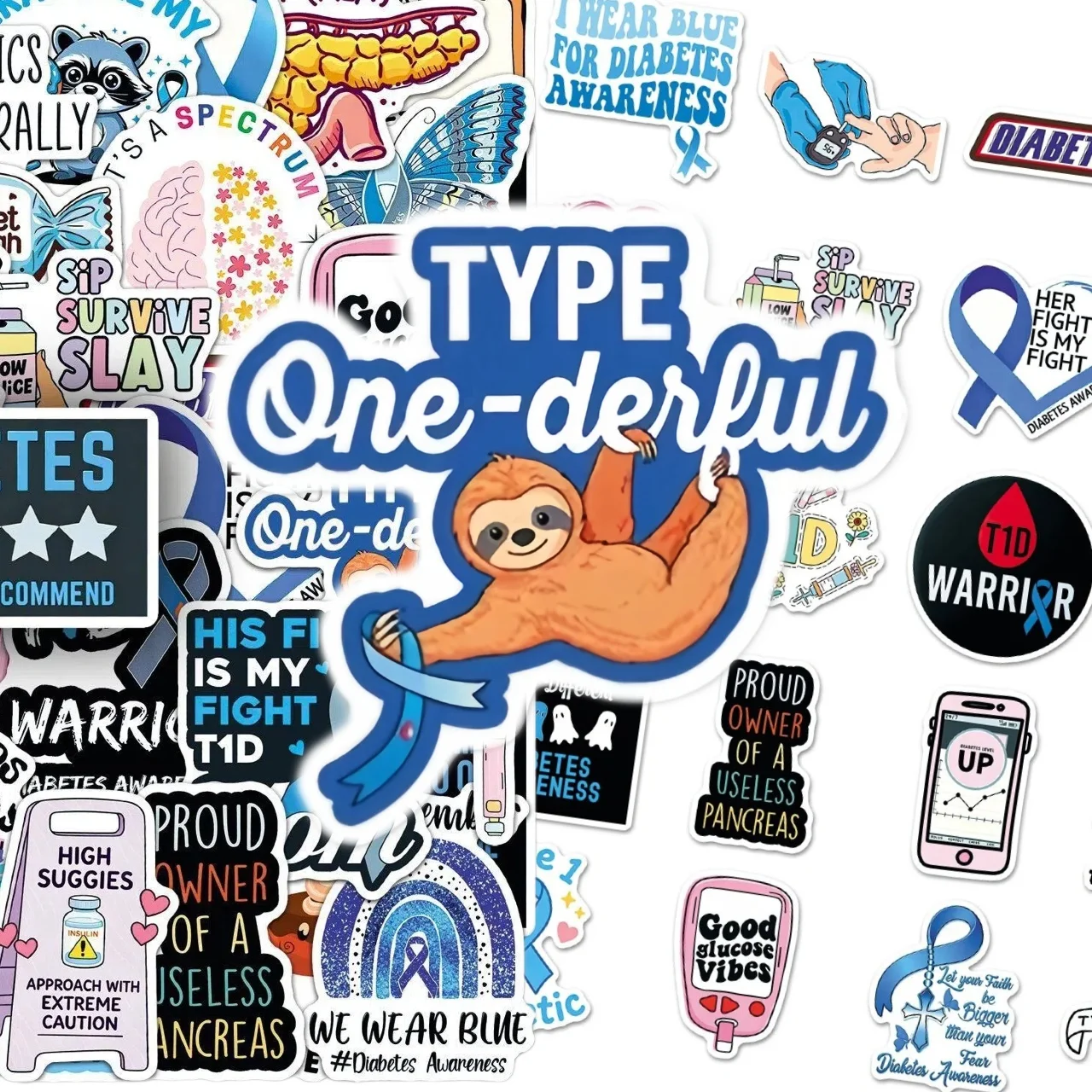 10/30/50Pcs Diabetes Awareness Stickers T1D Warrior Blue Ribbon Decals DIY Laptop Luggage Journal Scrapbook Vinyl Decor Stickers