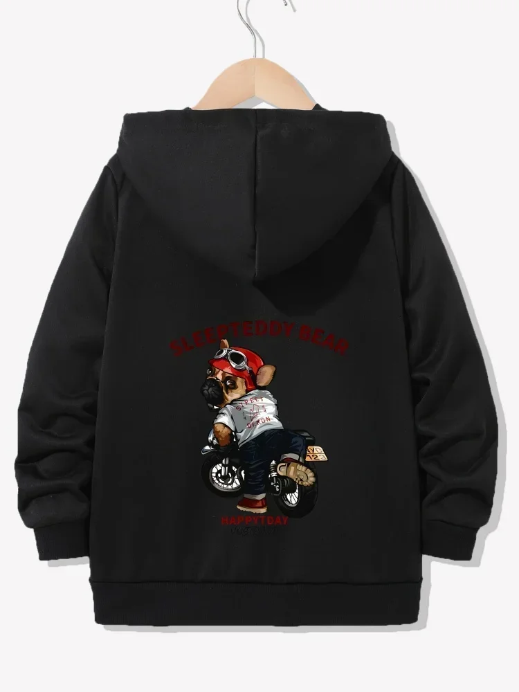 Kids Long Sleeve Zip Hooded Sweatshirt Biker Bulldog Sleepteddy Bear Happyday Graphic Design Loose Casual Hooded Jacket