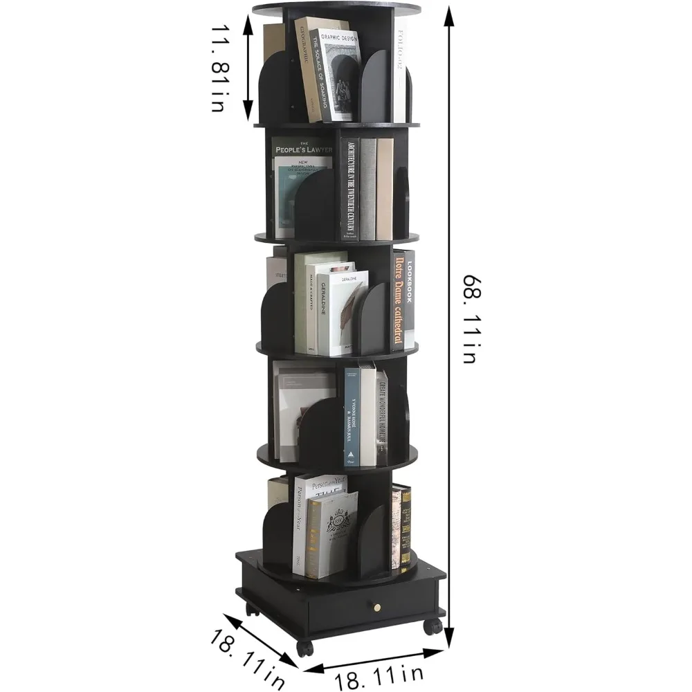 Libreria girevole in legno massello a 360 gradi con cassetti e ruote, libreria girevole per esposizione e conservazione di libri