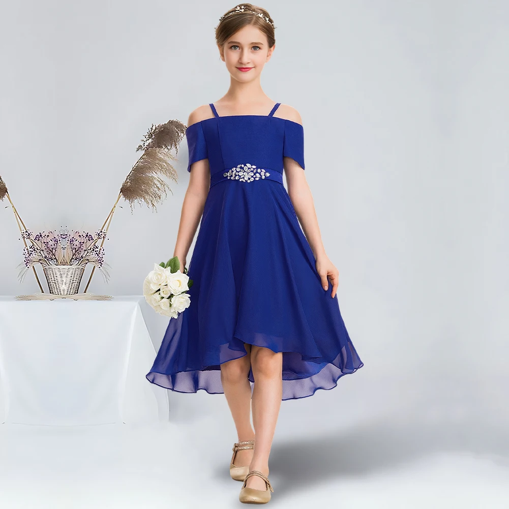 A-line Off the Shoulder Asymmetrical Charmeuse Chiffon Junior Bridesmaid Dress With Beading Bow Exquisite Flower Girl Dress