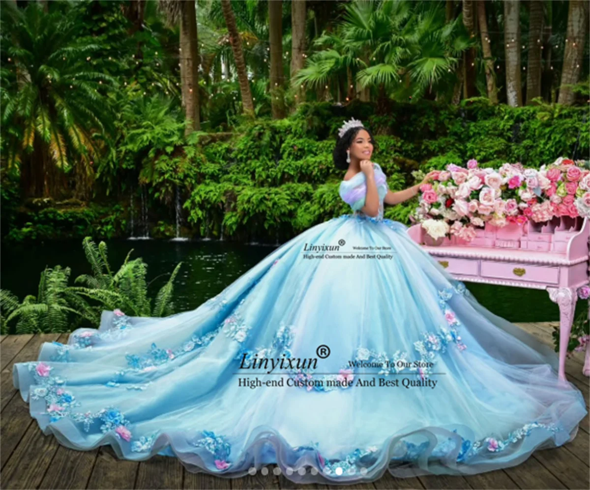 Meksykańskie aplikacje 3D na sukienki Quinceanera, szyte na miarę suknie balowe Sweet 16 z odkrytymi ramionami, sukienki Vestidos De 15 XV Anos z odkrytymi ramionami